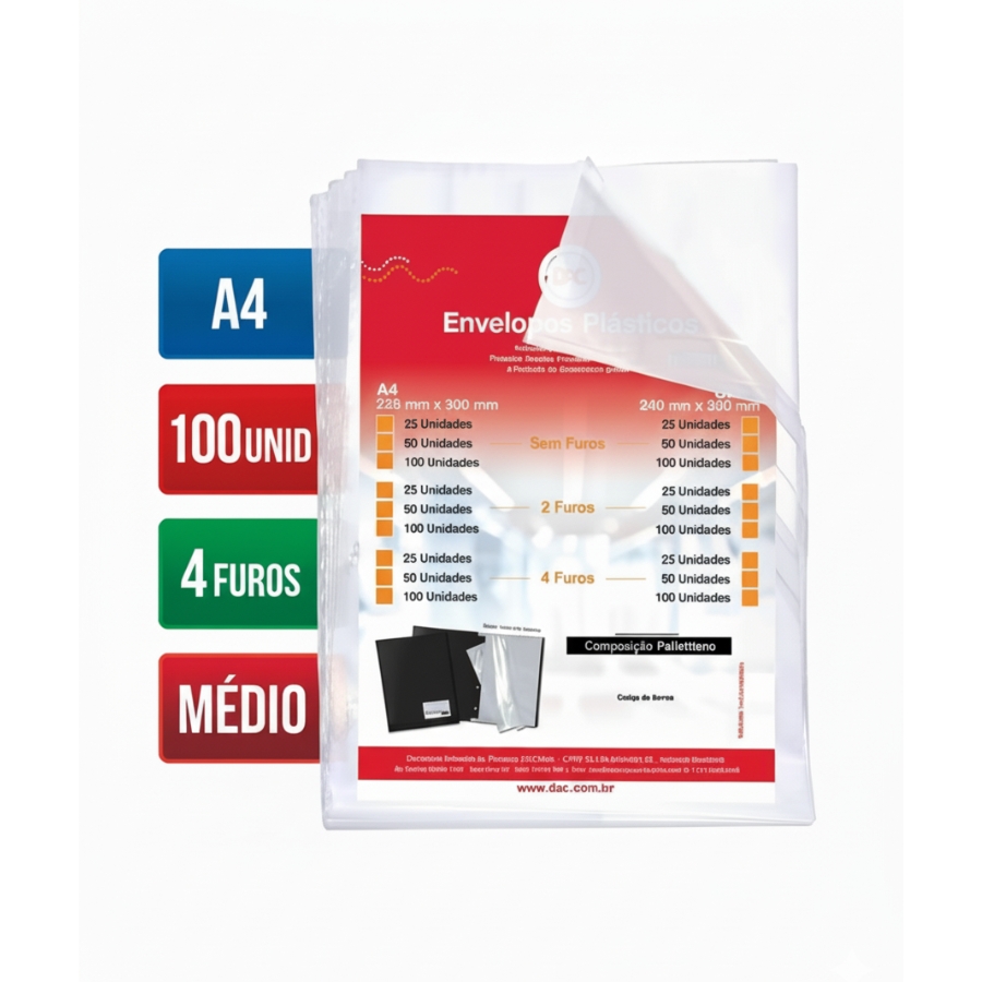 Envelope Plástico A4 Médio 4 Furos c/100 ...
